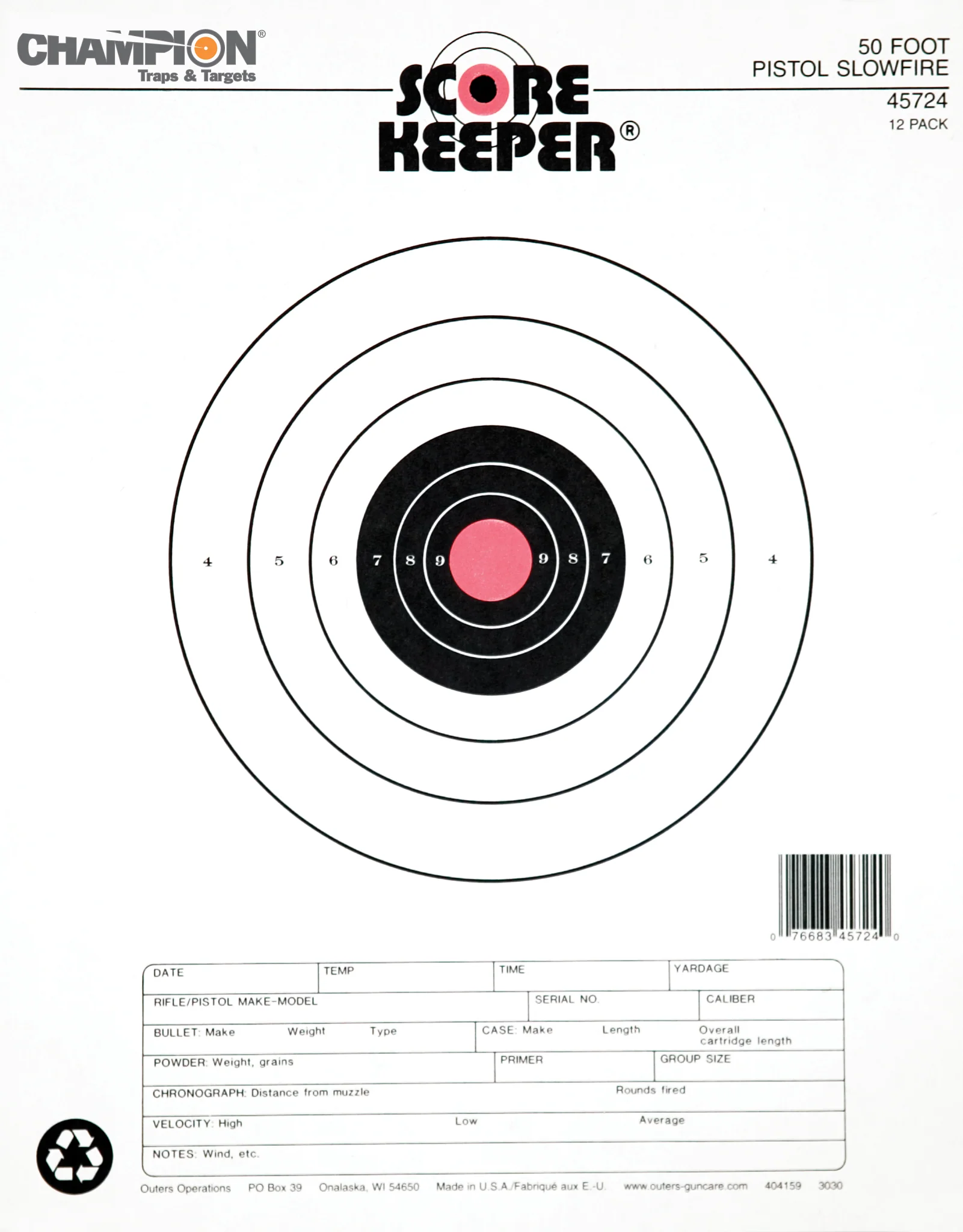 Champion Score Keeper® Fluorescent Orange & Black Bull Slow-Fire Pistol Targets