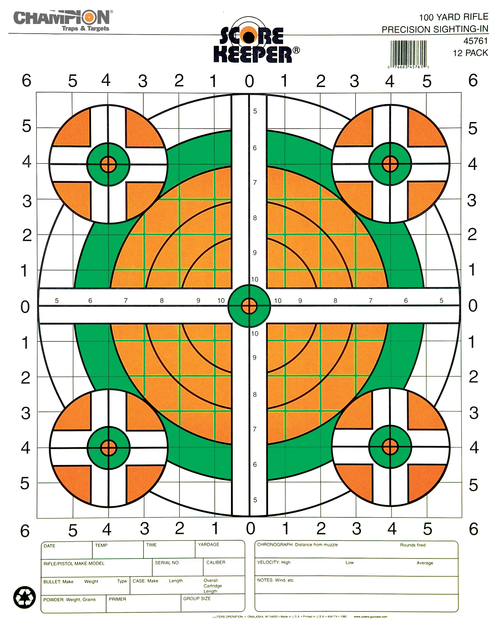 Champion Score Keeper® Fluorescent Orange & Green Bull Sight-In Targets